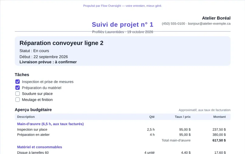 Suivi de projet numéroté préparé dans Flow et envoyé au client