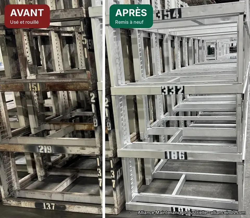 Before: worn and rusted transport rack. After: rack repaired and repainted with high-temperature paint