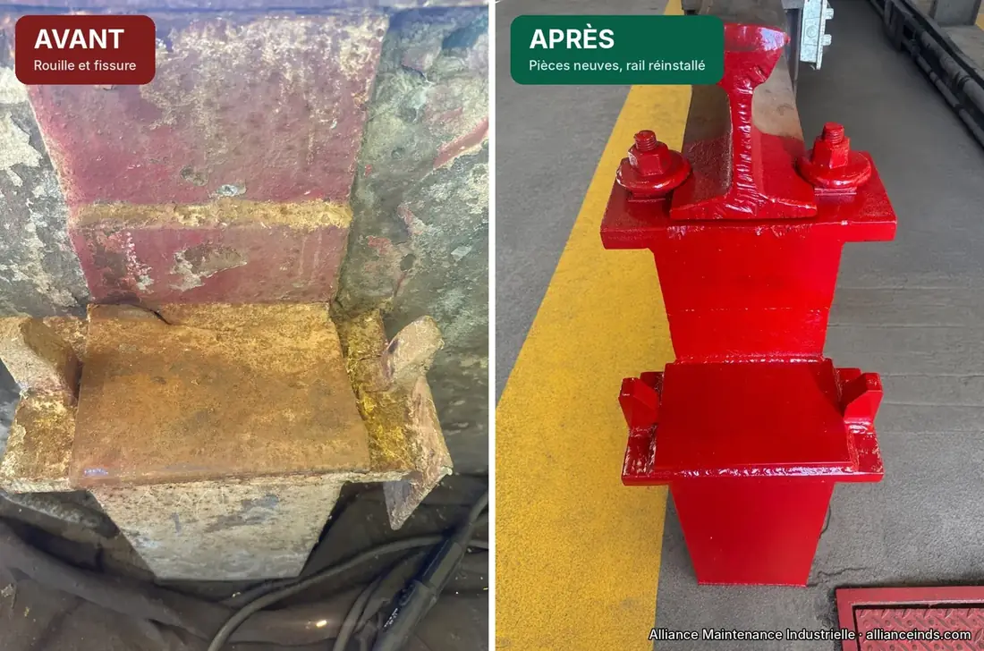 Before: rusted and cracked base. After: base refurbished, painted red, with the rail bolted on