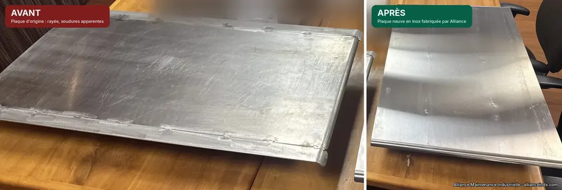 Before: scratched shaping plate with visible welds. After: new stainless steel plate fabricated by Alliance