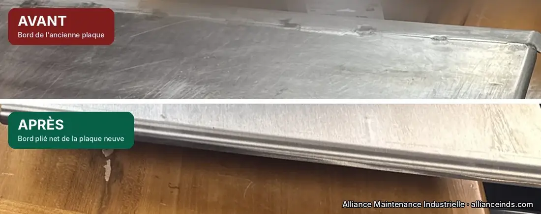 Close-up: the edge of the old plate with its weld tacks, then the folded edge of the new plate
